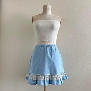 handmade blue white linen blend crochet lace trim mini skirt